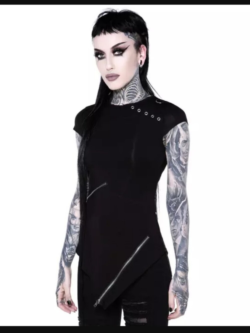KILLSTAR Frankie Zip Top - S - Black Assymetric Punk Tee w Grommets Zippers Ties